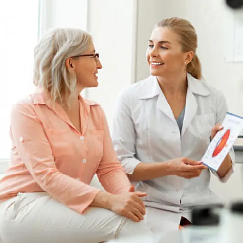 female patient talking to female doctor in an office setting looking at medical illustration of an eye